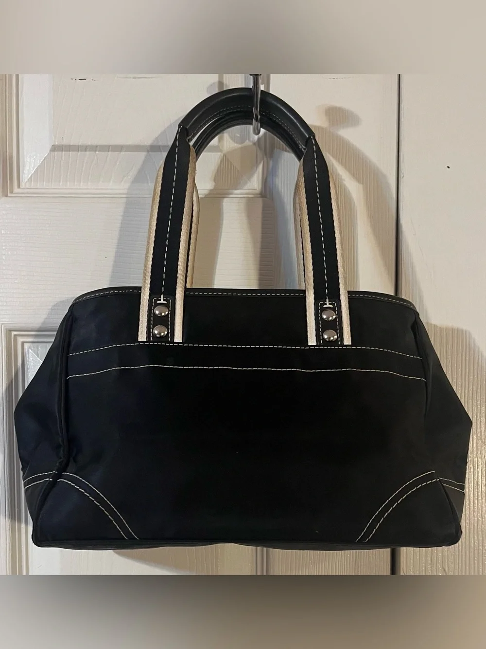 Coach Hampton Tote Bag Black Nylon Leather Trim Lavender Accents & Hangtag
